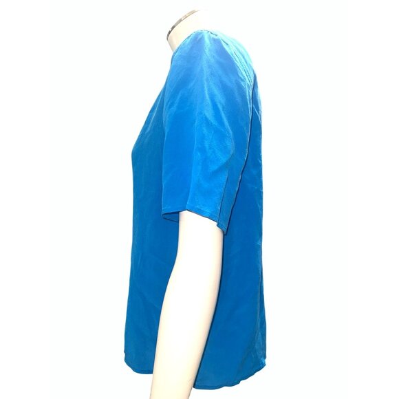 Tess Vintage M Cobalt Blue Silk Short Sleeve Blouse Minimalist Office Summer Top - Picture 6 of 9